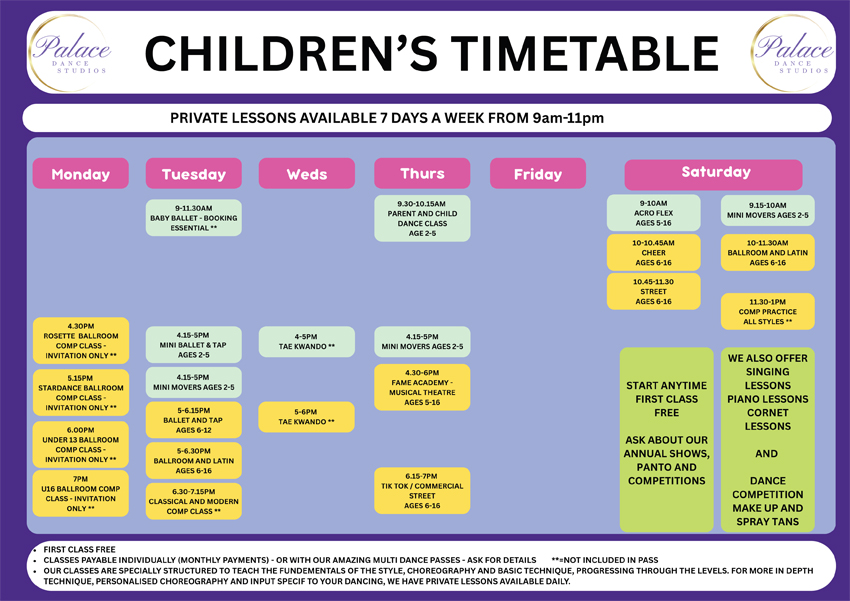 Childrens Dance Timetable