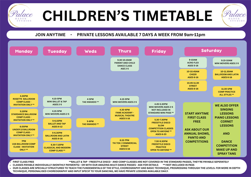 Children's Dance Timetable